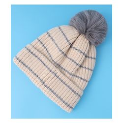 Babyhug Woollen Cap with Dino Embroidery Pom Pom Detailing - Beige