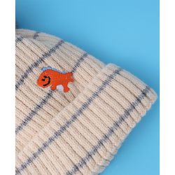 Babyhug Woollen Cap with Dino Embroidery Pom Pom Detailing - Beige