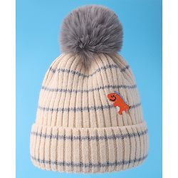 Babyhug Woollen Cap with Dino Embroidery Pom Pom Detailing - Beige