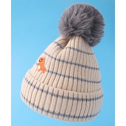 Babyhug Woollen Cap with Dino Embroidery Pom Pom Detailing - Beige
