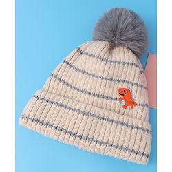 Babyhug Woollen Cap with Dino Embroidery Pom Pom Detailing - Beige