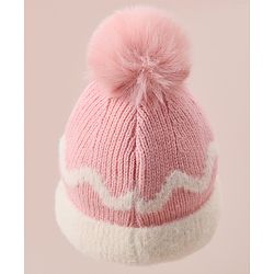 Babyhug Woollen Cap with Bear Text Design & Pom Pom Detailing - Pink