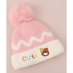 Babyhug Woollen Cap with Bear Text Design & Pom Pom Detailing - Pink