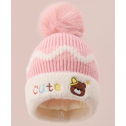 Babyhug Woollen Cap with Bear Text Design & Pom Pom Detailing - Pink