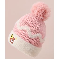 Babyhug Woollen Cap with Bear Text Design & Pom Pom Detailing - Pink