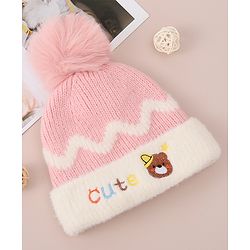 Babyhug Woollen Cap with Bear Text Design & Pom Pom Detailing - Pink