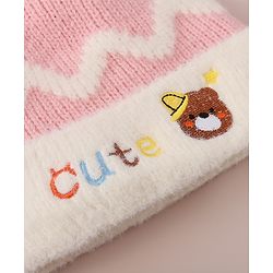 Babyhug Woollen Cap with Bear Text Design & Pom Pom Detailing - Pink