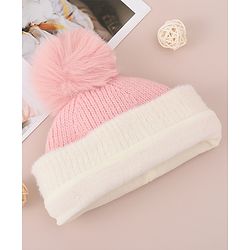 Babyhug Woollen Cap with Bear Text Design & Pom Pom Detailing - Pink