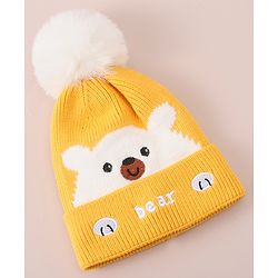 Babyhug Woollen Cap With Bear Design - Yellow