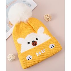 Babyhug Woollen Cap With Bear Design - Yellow