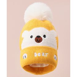 Babyhug Woollen Cap With Bear Design - Yellow