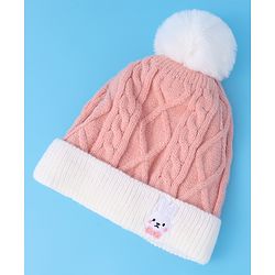 Babyhug Woollen Cap with Cable Knit Design & Pom Pom Detailing - Pink