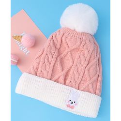Babyhug Woollen Cap with Cable Knit Design & Pom Pom Detailing - Pink