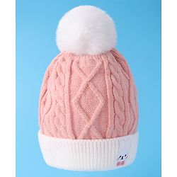 Babyhug Woollen Cap with Cable Knit Design & Pom Pom Detailing - Pink