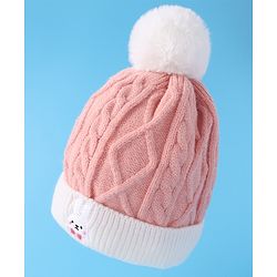 Babyhug Woollen Cap with Cable Knit Design & Pom Pom Detailing - Pink