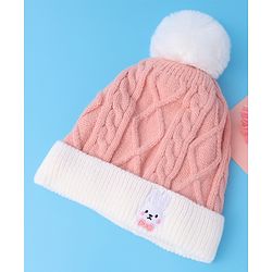 Babyhug Woollen Cap with Cable Knit Design & Pom Pom Detailing - Pink