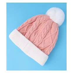 Babyhug Woollen Cap with Cable Knit Design & Pom Pom Detailing - Pink