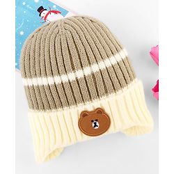 Babyhug Woollen Cap with Bear Applique Grey & Beige - Diameter 11.5 cm