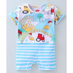 Babyhug 100% Cotton Knit Half Sleeves Striped & Dino Printed Romper - Blue & White