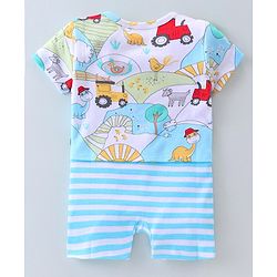 Babyhug 100% Cotton Knit Half Sleeves Striped & Dino Printed Romper - Blue & White