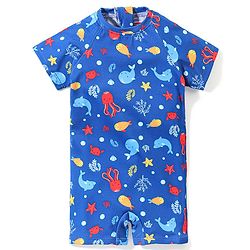 Babyhug Half Sleeves Legged Swimsuit Sea Life Print - Blue