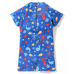 Babyhug Half Sleeves Legged Swimsuit Sea Life Print - Blue