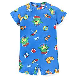 Babyhug Raglan Half Sleeves Crocodile Printed Legged Swimsuit - Blue