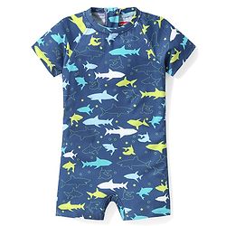 Babyhug Half Sleeves Legged Swimsuit with Shark Print -  Navy Blue