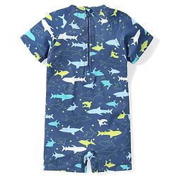 Babyhug Half Sleeves Legged Swimsuit with Shark Print -  Navy Blue