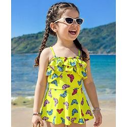 Babyhug Sleeveless  Frock Style Swimsuit with Butterfly Print  - Yellow