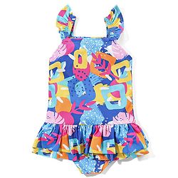 Babyhug Sleeveless Frock Style Swimsuit With Frill Abstract Print - Multicolour
