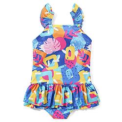 Babyhug Sleeveless Frock Style Swimsuit With Frill Abstract Print - Multicolour