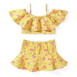 Babyhug Cold Shoulder Sleeves  Two Piece Swim Suit with Floral Print - Yellow