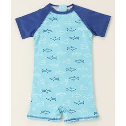 Babyhug Half Sleeves Legged Swimsuit Star Fish Print -  Blue