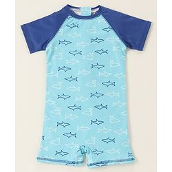 Babyhug Half Sleeves Legged Swimsuit Star Fish Print -  Blue