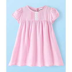 Babyhug Viscose Cotton Woven Half Sleeves Frock with Pleated Detailing & Sling Bag - Pink