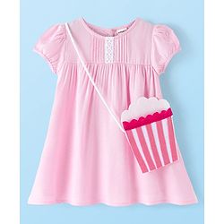 Babyhug Viscose Cotton Woven Half Sleeves Frock with Pleated Detailing & Sling Bag - Pink