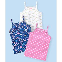 Babyhug 100% Cotton Sleeveless Slips With Floral & Rainbow Print Pack Of 3 - White Pink & Navy Blue