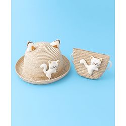 Babyhug Straw Hat With cat Applique and Hand Bag - Beige