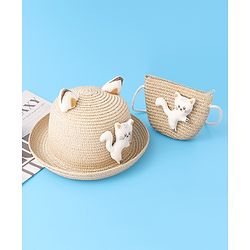 Babyhug Straw Hat With cat Applique and Hand Bag - Beige