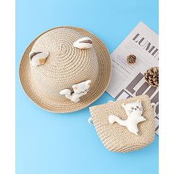Babyhug Straw Hat With cat Applique and Hand Bag - Beige