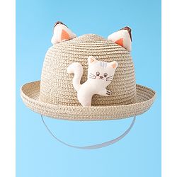 Babyhug Straw Hat With cat Applique and Hand Bag - Beige