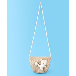 Babyhug Straw Hat With cat Applique and Hand Bag - Beige