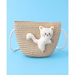 Babyhug Straw Hat With cat Applique and Hand Bag - Beige