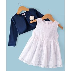 Babyhug Woven Frock with Three Fourth Sleeves Jacket Floral Applique - Navy Blue