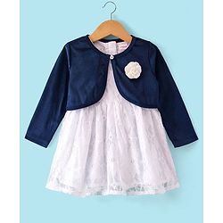 Babyhug Woven Frock with Three Fourth Sleeves Jacket Floral Applique - Navy Blue