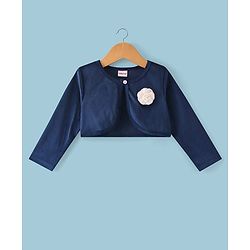 Babyhug Woven Frock with Three Fourth Sleeves Jacket Floral Applique - Navy Blue