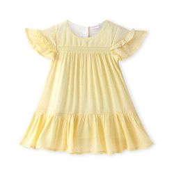 Babyhug Viscose Cotton Half Sleeves Drop Waist Frock with Embellishment - Yellow