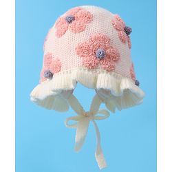 Babyhug  Floral Design Woollen Cap - White