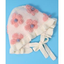 Babyhug  Floral Design Woollen Cap - White